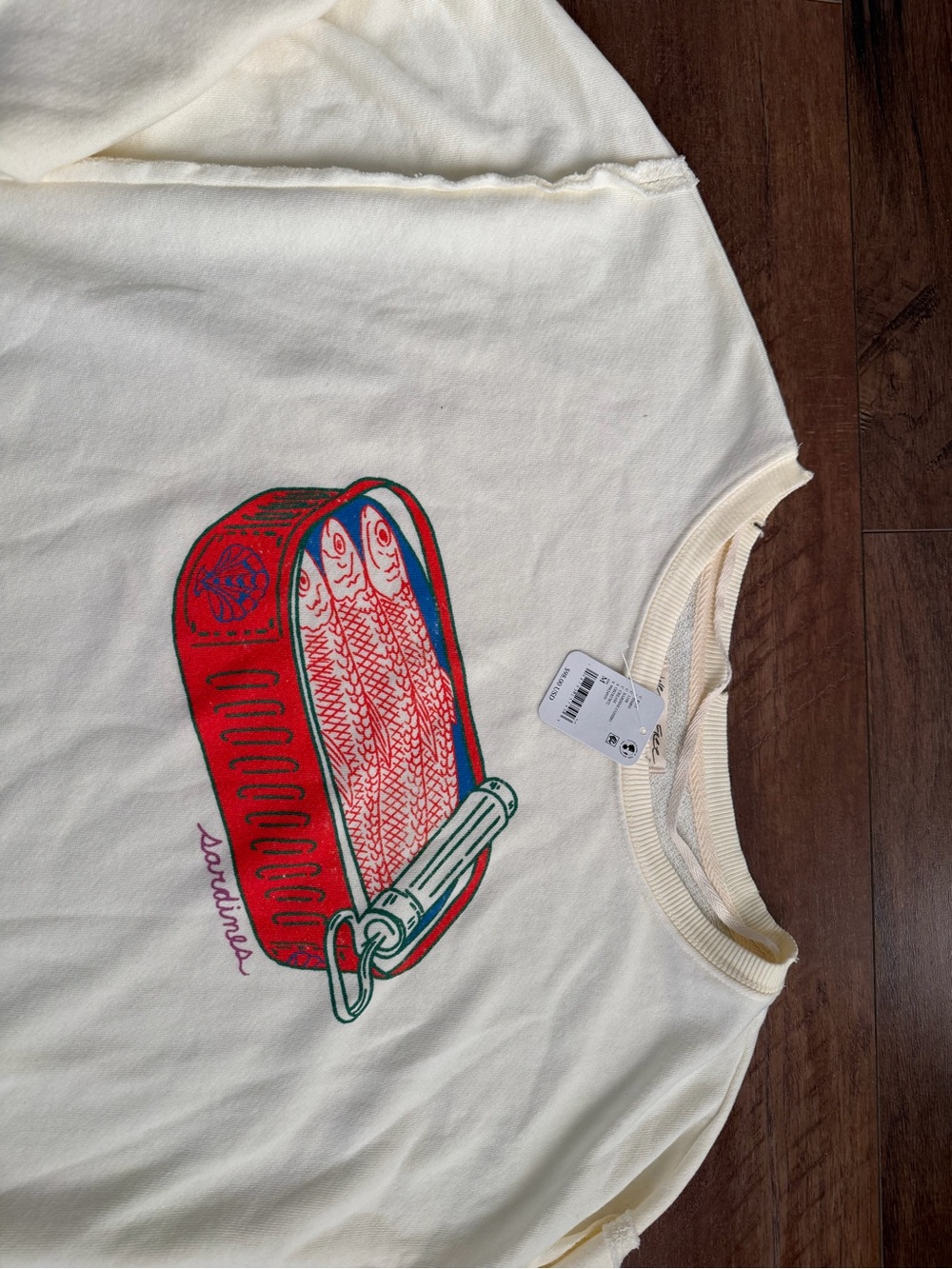 Free People Cream Crewneck with Red & Blue Sardine Graphic